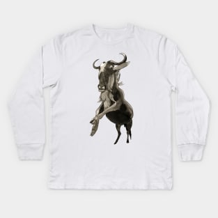 Wildebeest African Black & White Animal Art Kids Long Sleeve T-Shirt